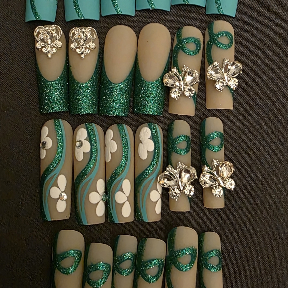 24 Pcs Handmade Emerald Green Glitter Press-On Nails BUY ONE GET ONE FREE